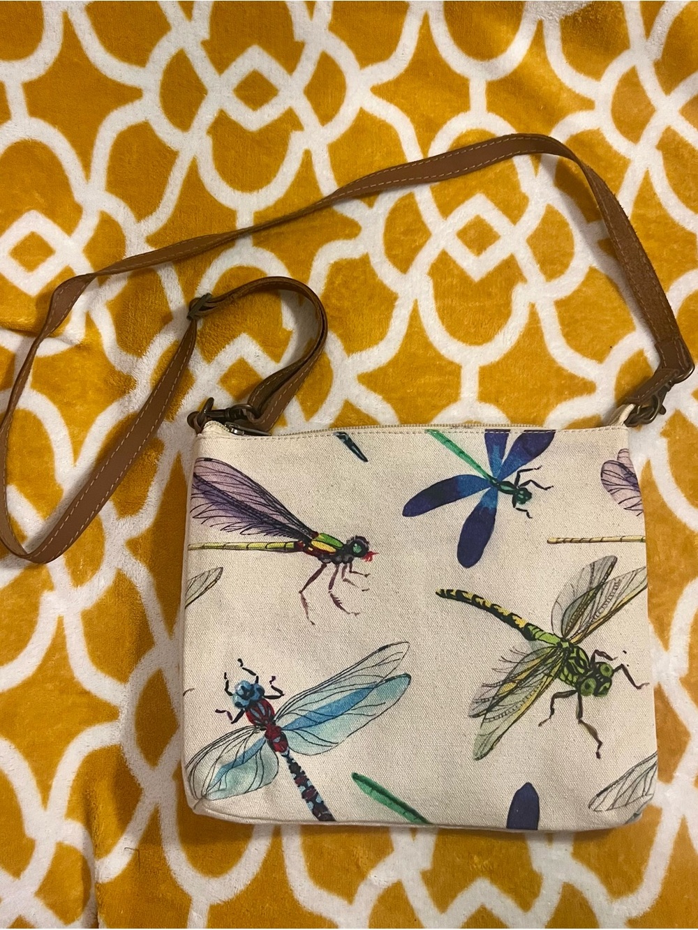 Cott n Curls Dragonfly Print Crossbody Bag Zip, Detachable Strap, Inner Pockets